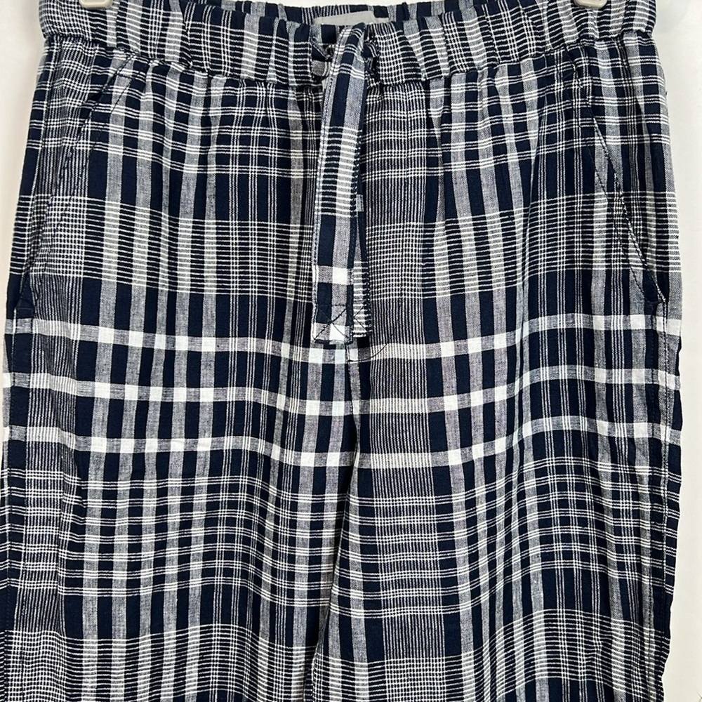 NWT Everlane The Linen Pull On Barrel Pants Navy Plaid Tie Front M High Waist - Picture 5 of 12